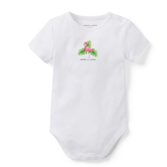 NWT Janie and Jack white short-sleeve bodysuit with flamingo print in front - Picture 1 of 5